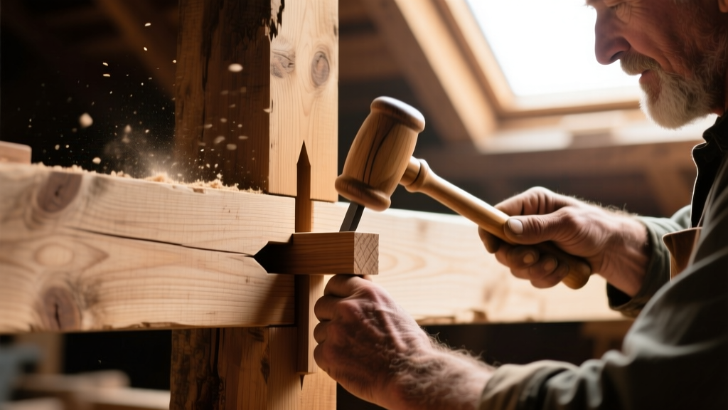 Close-up of a master carpenter fitting a complex mortise and tenon wood joint in a heavy timber frame structure using a wooden mallet