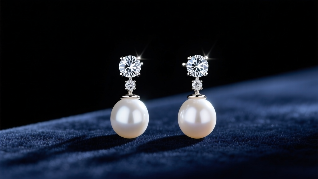 Close-up of diamond and white pearl drop earrings resting on dark navy velvet, illuminated by soft, respectful studio lighting.