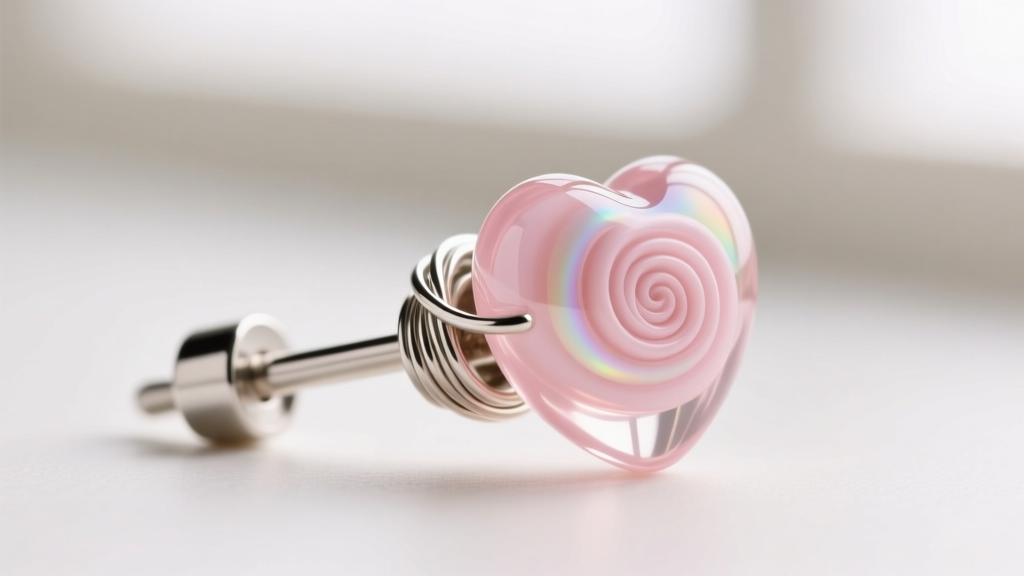 Macro shot of a 20-gauge titanium earring post securely wire-wrapped to a translucent pastel pink lampwork glass heart bead