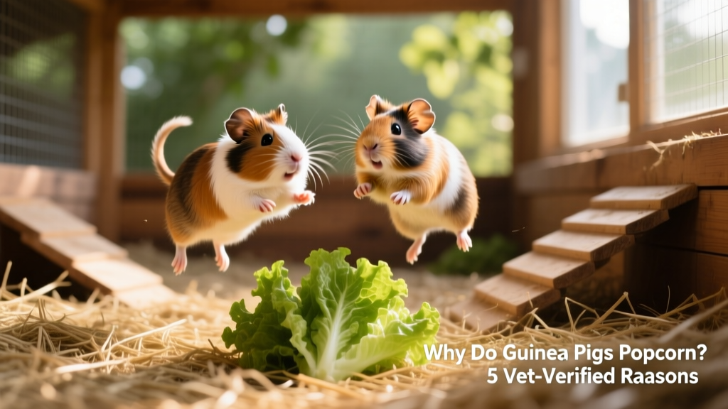 Two guinea pigs playing together in a spacious enclosure with hay, wooden ramps, and fresh lettuce—both mid-bounce in synchronized popcorning
