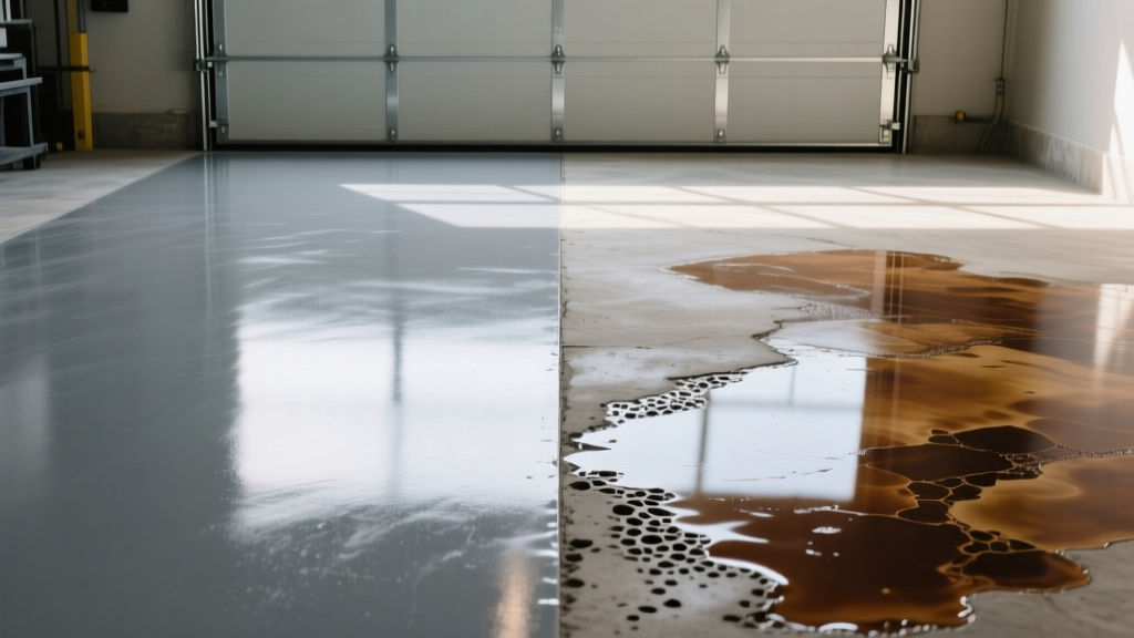 Split view of a garage floor showing opaque gray epoxy paint on the left and translucent acid stain with mottled brown tones on the right