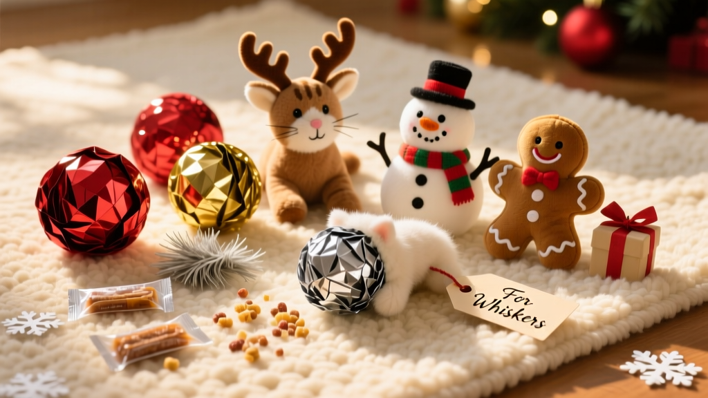 A festive holiday-themed cat toy variety pack with colorful crinkly balls, plush animals, and silvervine-infused treats scattered on a rug