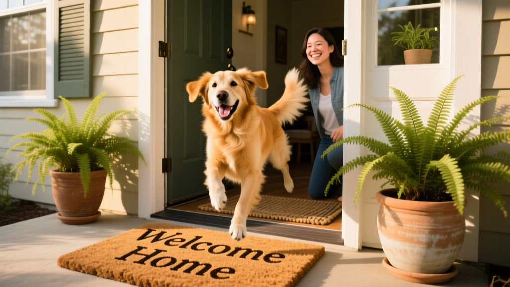 A joyful golden retriever greeting a sitter at the front door, with a welcome mat and potted plants nearby