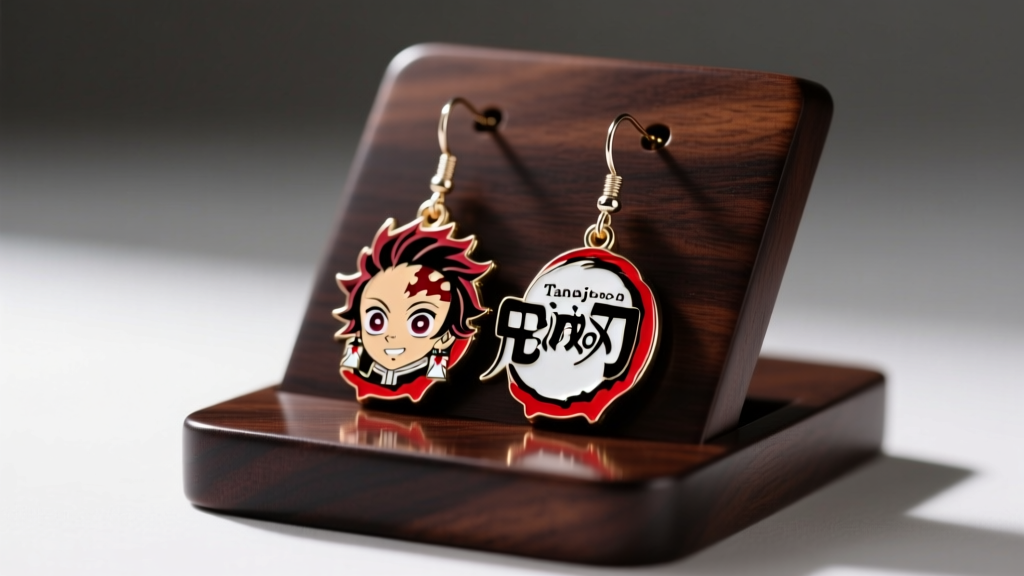 Red and black enamel Tanjiro Hanafuda dangle earrings resting on a dark wood jewelry display stand under soft studio lighting
