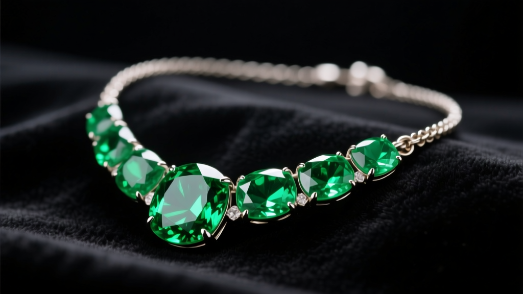 Close-up of a vibrant green esmeralda necklace on dark velvet, lit by soft studio lighting to highlight natural gem inclusions.
