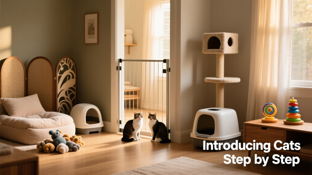 A well-organized cat introduction setup: two adjacent rooms separated by a tall pet gate, each with its own litter box, bed, and toys