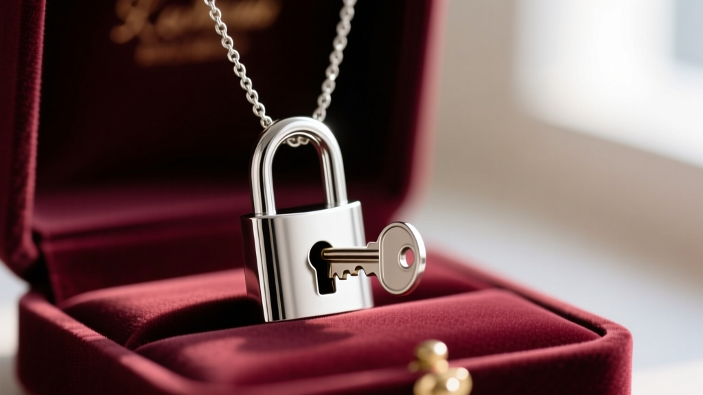 Macro shot of a silver lock necklace showing a tiny key inserted into the keyhole against a softly blurred velvet jewelry box.