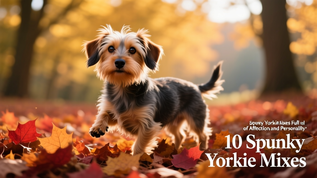 Dorkie, Dachshund Yorkie mix, standing on fall leaves