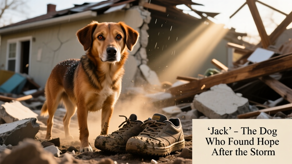 Close-up of Jack the dog, wet and covered in light dust, looking alert and calm beside a pair of worn sneakers in the rubble
