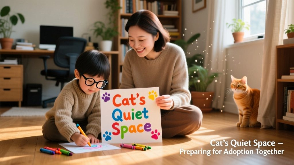 A child and parent sitting side-by-side, drawing a 'Cat's Quiet Space' sign with crayons