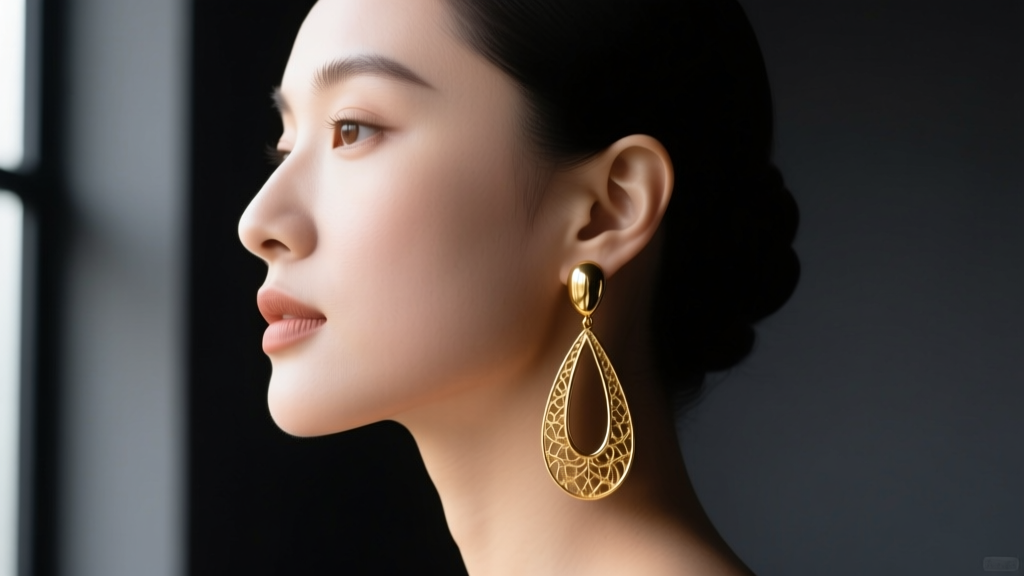 Side profile of a woman with a round face wearing elongated oversized gold teardrop earrings against a dark, moody background.