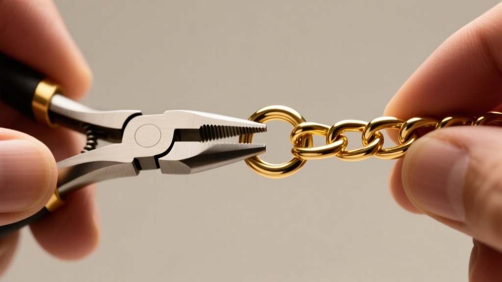 Hands using flat-nose pliers to seamlessly close a 4mm gold-filled jump ring, connecting a thick Cuban link chain segment.