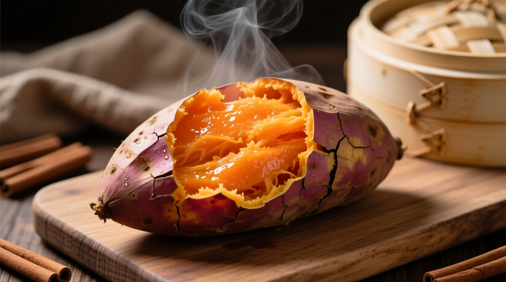 Perfectly steamed sweet potato with vibrant orange flesh