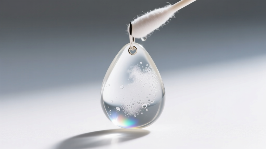 Close-up of a cotton swab applying mild soapy water to a cloudy vintage 90s clear resin drop earring under bright natural light
