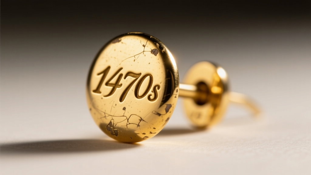Extreme macro shot of a 14k gold vintage earring post stamped with a 1970s makers mark, illuminated by harsh directional light
