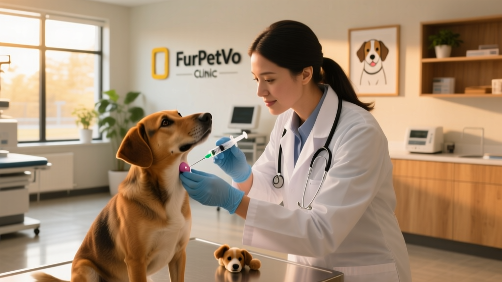 Veterinarian performing fine needle aspiration on a dog's submandibular lymph node during an exam at a FurPetVo clinic