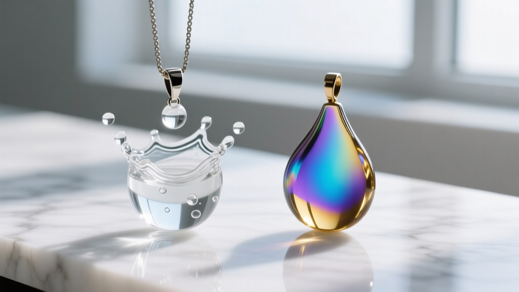 Side-by-side macro view of a clear epoxy resin water splash pendant and a dichroic glass splash pendant on a white marble surface.