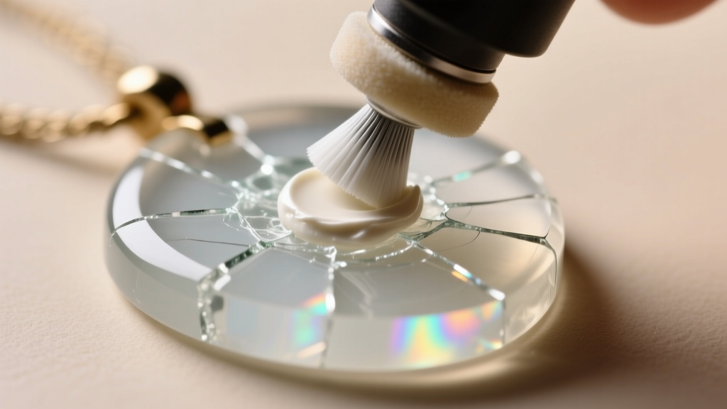 Macro shot of applying white plastic polishing compound to a scratched resin pendant using a soft rotary buffing wheel tool.