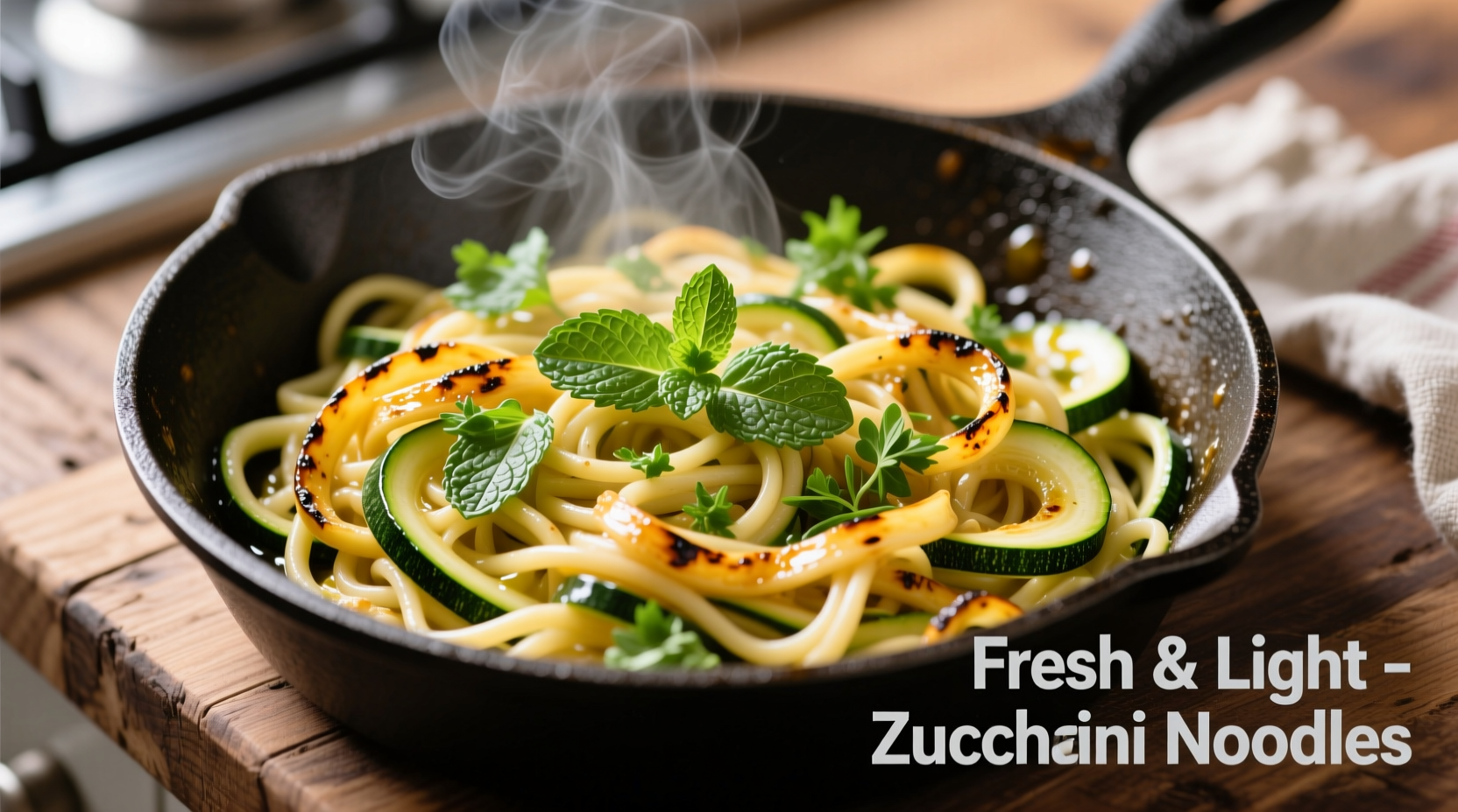 Perfectly cooked zucchini noodles in a skillet with fresh herbs