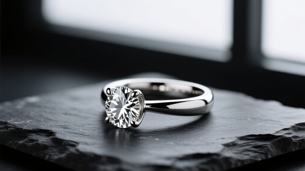 Macro shot of a 14k white gold diamond ring on dark slate, soft lighting highlighting the bright rhodium finish and prongs