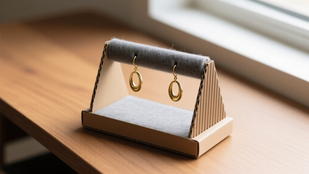 Overhead view of a custom corrugated cardboard earring holder lined with grey felt, holding heavy brass dangles on a wooden desk.