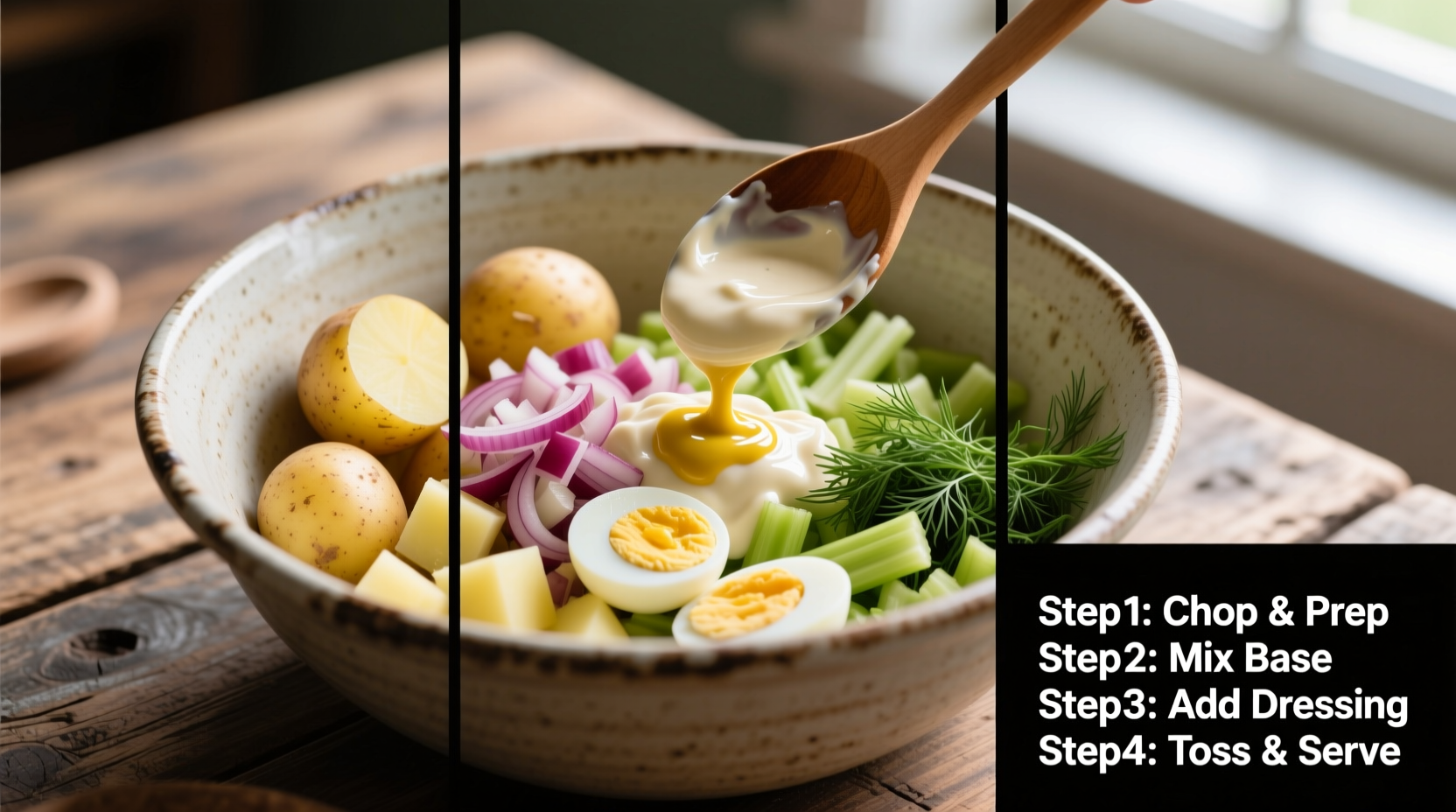 Step-by-step potato salad preparation in mixing bowl