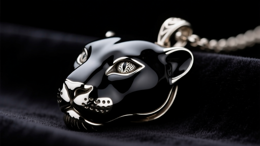 Close-up of a metallic black panther head pendant on dark velvet, showing slight wear on black enamel accents and a silver snout.
