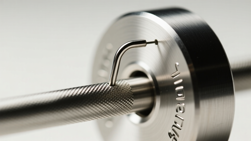Threadless push-pin barbell being assembled, showing the bent metal pin entering the hollow titanium shaft under bright lighting.