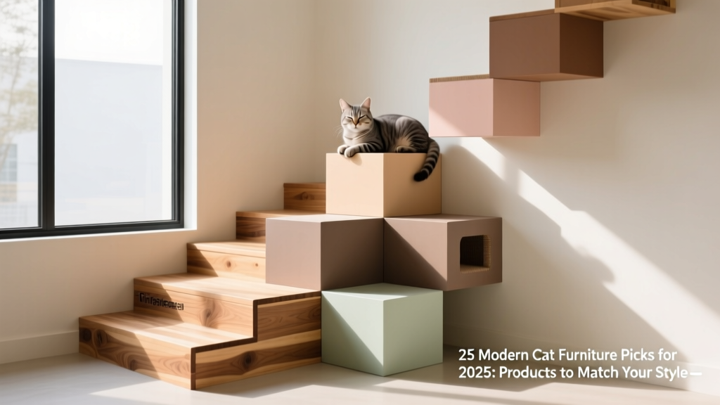 A sunlit corner featuring a FurPetVo TimberTread staircase leading to a PixelPerch cube cluster beside a large window, with a cat napping on the top platform