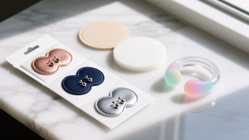 Flat-lay on marble showing branded earring support patches next to generic foam patches and reusable silicone ear lifters.