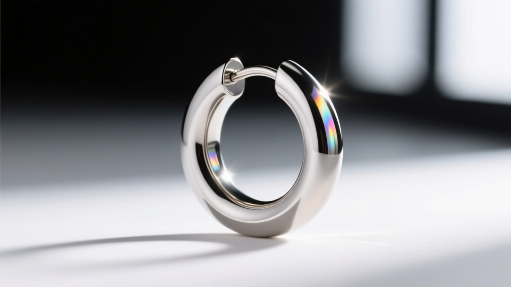 Side-profile of an ASTM F136 titanium huggie hoop earring with a high-polish finish catching warm ambient reception lighting.