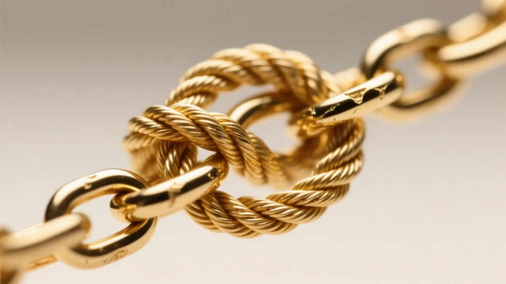 Close-up of a severely tangled 1mm gold rope chain, macro photography showing intricate twisted links caught in a tight knot