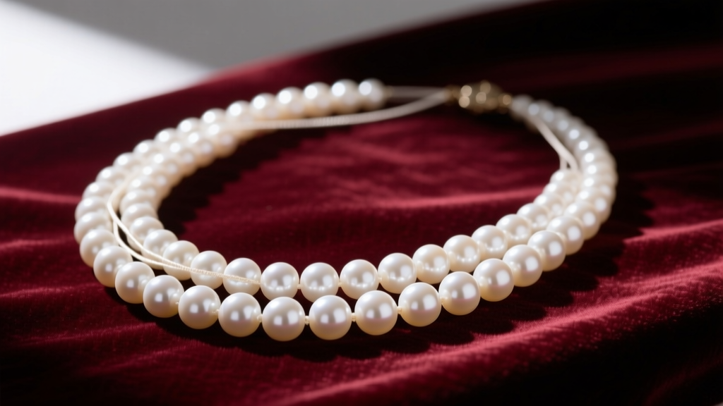 14mm South Sea pearl necklace on velvet, revealing stretched silk thread and sagging gaps between the heavy, lustrous white beads.