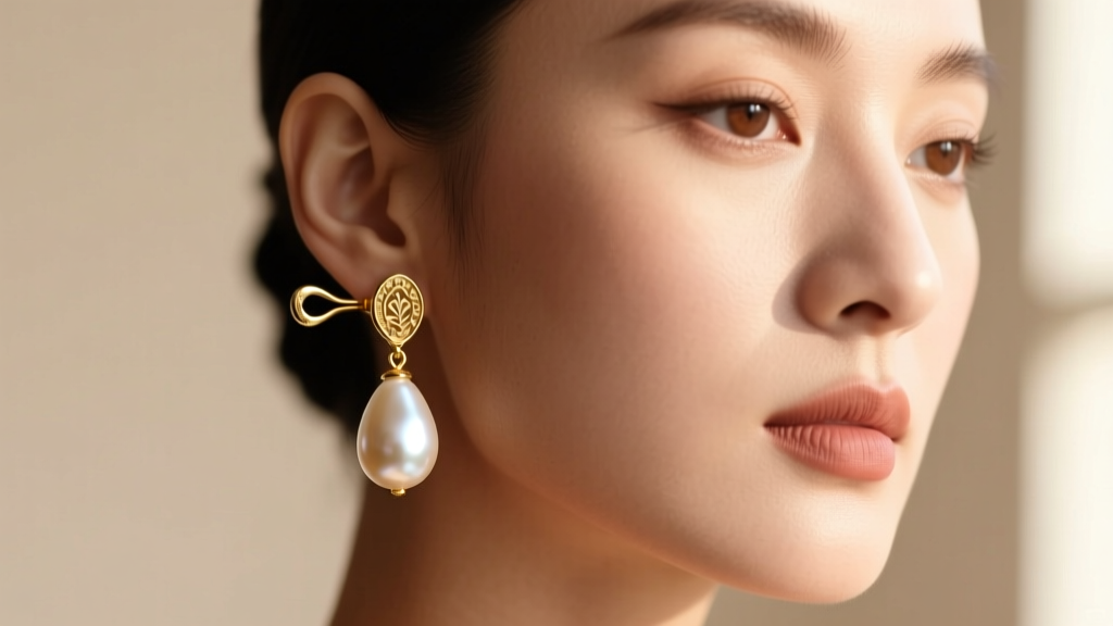 Close-up of a woman wearing a large 16mm teardrop pearl earring on an 18k gold leverback, lit by soft directional window light.