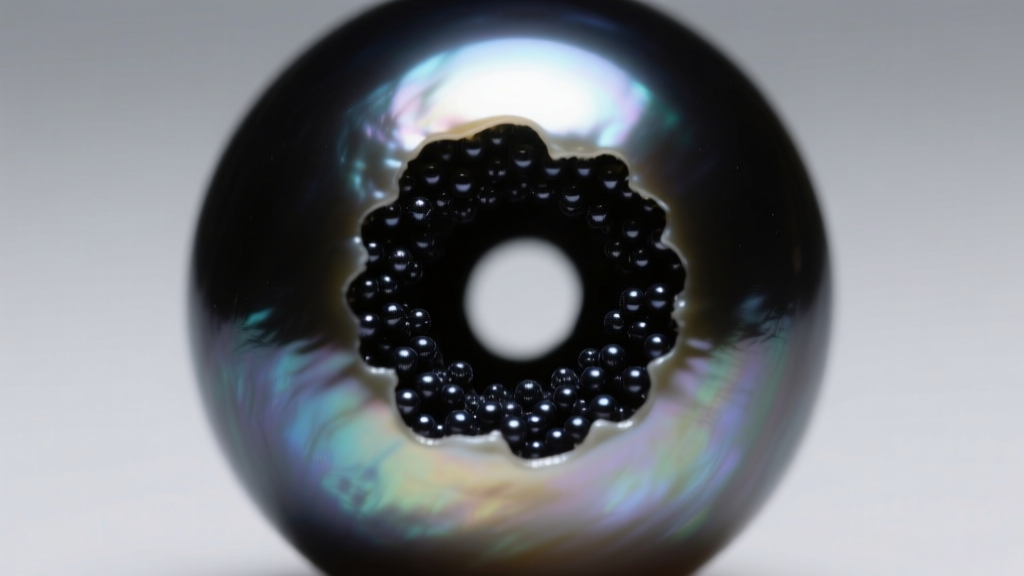 Macro view through a loupe of a black pearl drill hole, revealing dark dye concentration typical of treated vintage Akoya pearls.