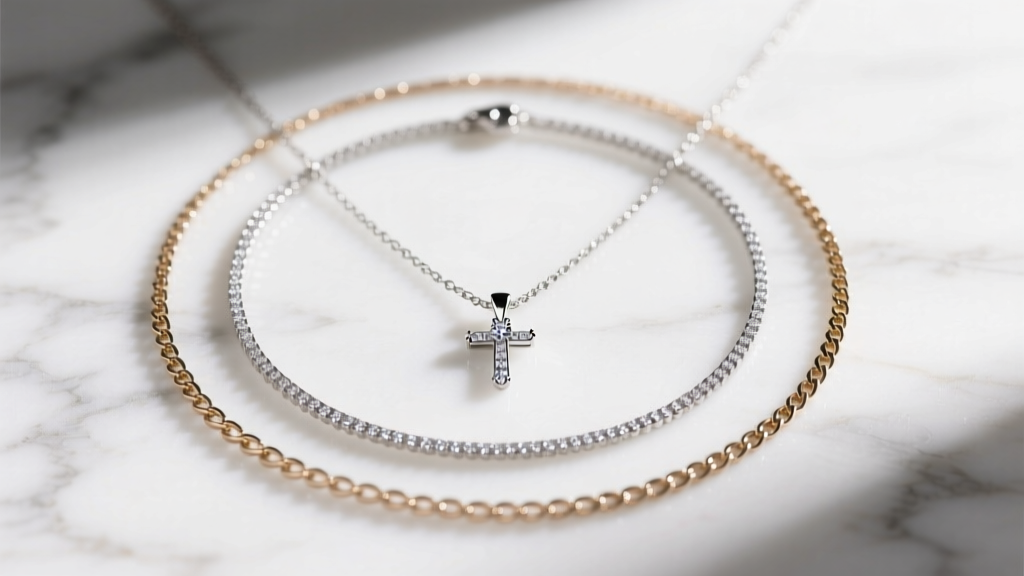 Flat lay of three layered necklaces featuring a small diamond Christ pendant on a delicate box chain, resting on white marble