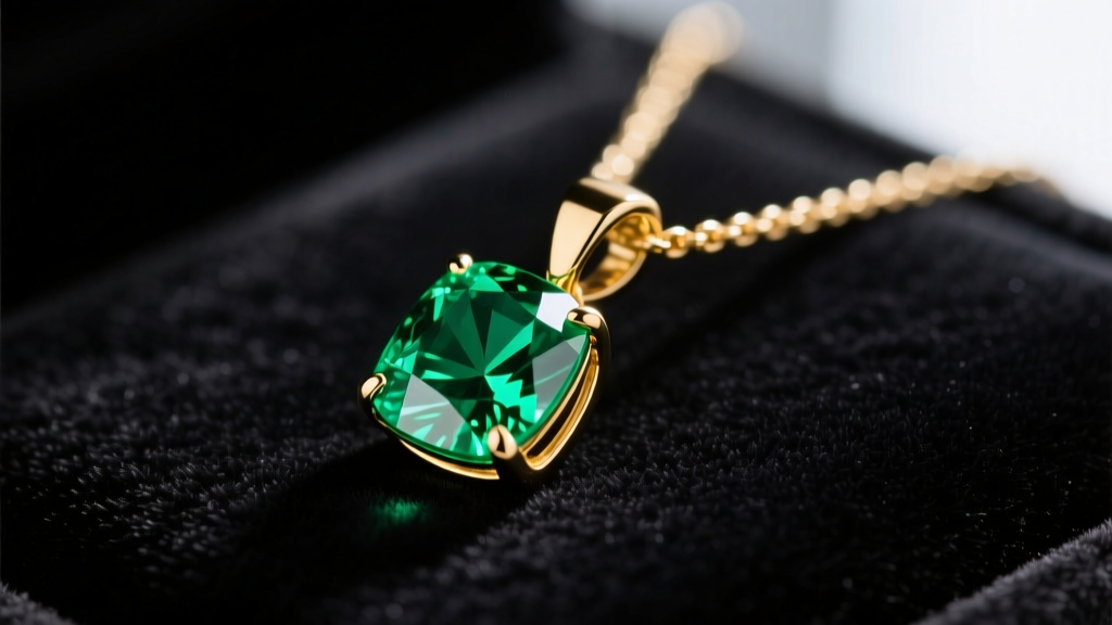 Macro shot of an 18k gold emerald pendant necklace on dark velvet, highlighting the vivid green gem and a secure bezel setting.