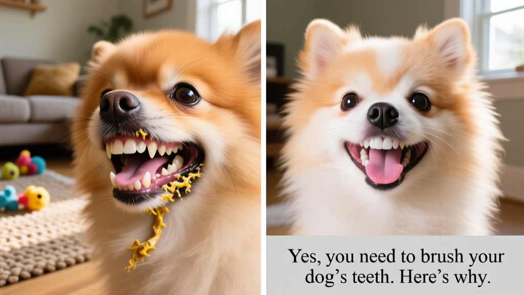 Side-by-side comparison showing tartar buildup on a small-breed dog’s teeth versus clean teeth