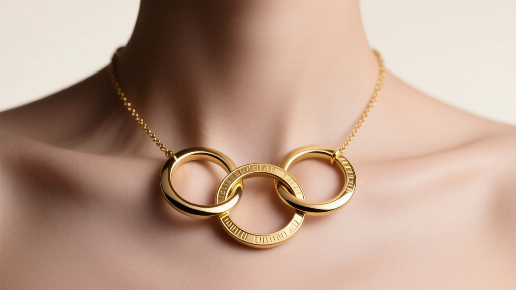 14k gold three circle necklace with interlocking rings on a collarbone, soft studio lighting, elegant fashion editorial photography