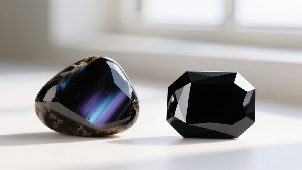 Macro photography comparing the warm, matte luster of real Whitby jet against the sharp, glassy reflection of black French jet.