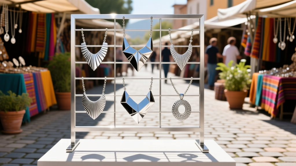 Anodized aluminum modular jewelry grid panel displaying heavy silver statement necklaces at an outdoor artisan market.