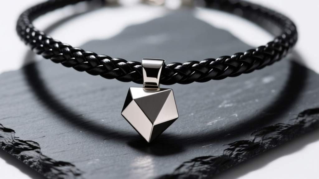 Macro shot of a braided black leather cord necklace holding a heavy brushed titanium geometric pendant resting on dark slate
