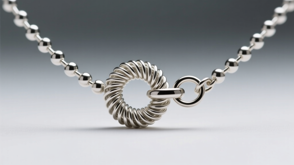 Macro shot of a wire bead necklace clasp showing a tightly coiled 24-gauge silver wire wrap securing a small lobster clasp