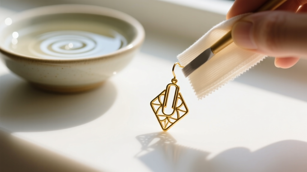 Soft cloth polishing a gold vermeil paper clip earring, with a small bowl of mild soapy water softly blurred in the background.
