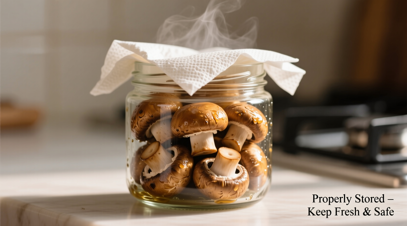 Properly stored cooked mushrooms in glass container with paper towel