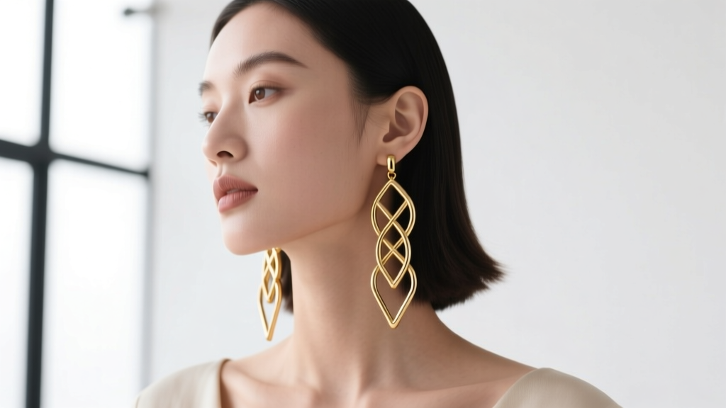 Model wearing shoulder-grazing long long earrings crafted from hollow gold tubing, soft studio lighting highlighting the jawline