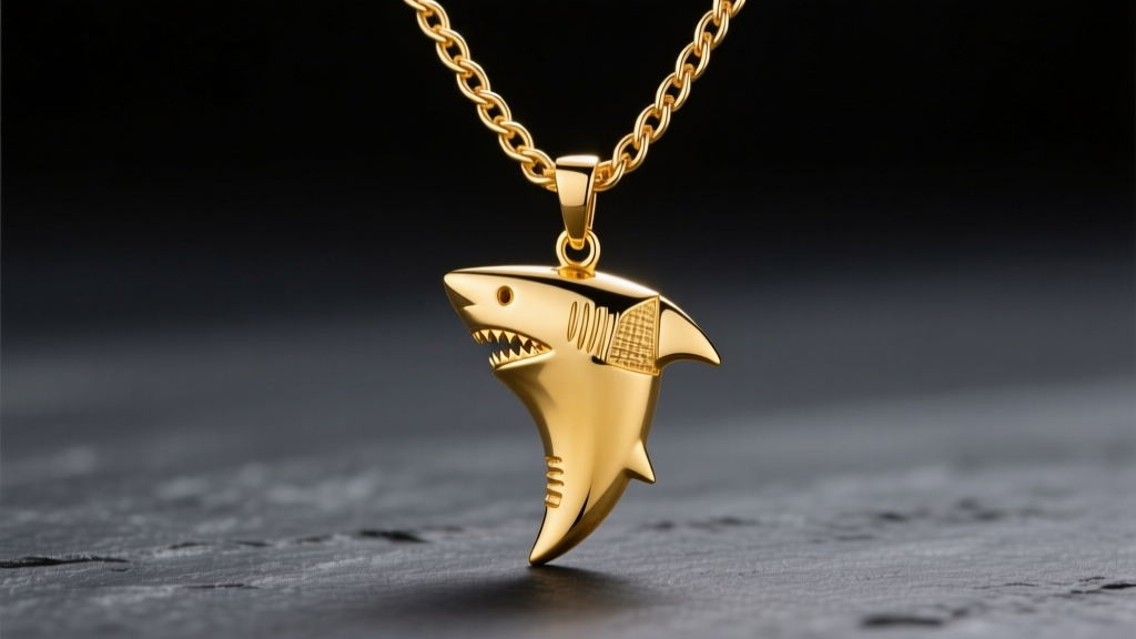 Solid 14k yellow gold shark tooth pendant on a woven shark link chain, studio lit against dark slate.