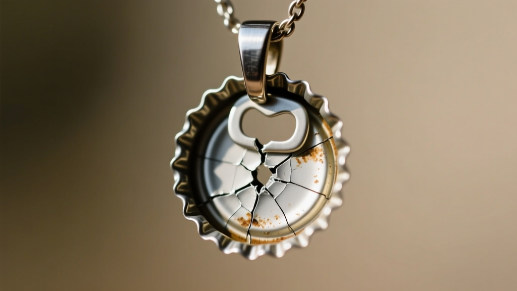 Extreme macro photograph showing metal fatigue and a stress fracture on the aluminum bridge of a recycled soda tab pendant.