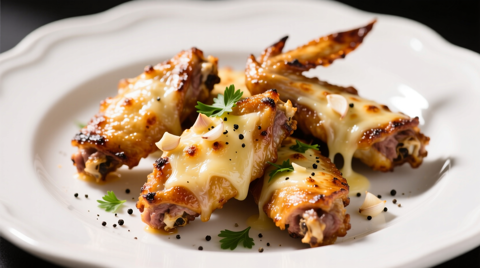 Golden parmesan garlic wings on white plate