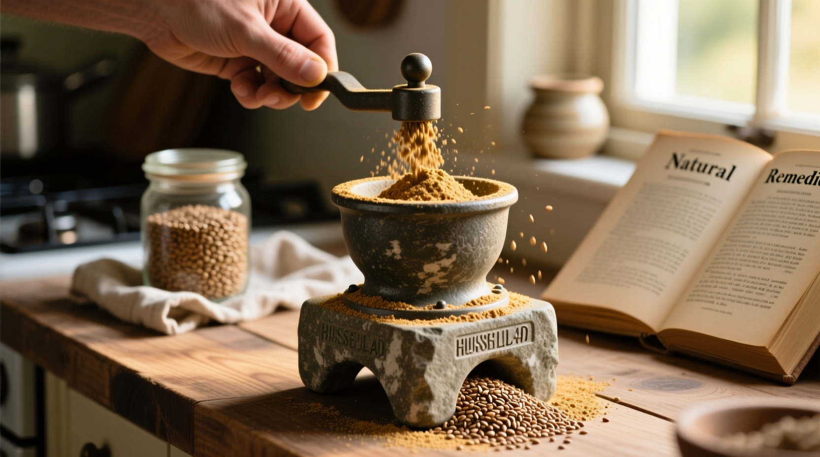 Freshly ground linseed seeds in a grinder